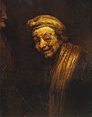 Self-Portrait as Zeuxis, c. 1662. One of 2 painted self-portraits in which Rembrandt is turned to the left.[۲] Wallraf-Richartz Museum, Cologne