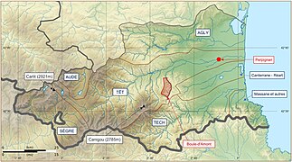 Boule-d'Amont sur une carte topographiqe des Pyrénées-Orientales.