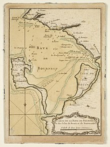 Old map showing the Bay of Bourgneuf, with the island of Noirmoutier on the left and the island of Bouin on the right, near the coast.