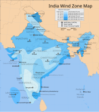 India wind zone map. A map of India overlaid with zones of various shades of blue, each representing a region that experiences a similar level of windiness. The entire eastern littoral and the northern half of the country are shaded in relatively dark blues, signifying relatively windy prevailing conditions of between 30 and 50 metres per second. The darkest blue region is in the extreme north, beyond the Himalayas in Ladakh, on the Tibetan Plateau; there, sustained winds average over 50 metres per second. The inland central, south, and especially the southwestern portions are shaded in light blues: they are relatively windless, averaging less than 30 metres per second.