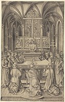 The largest of 10 engravings by Israhel van Meckenem, 1490s, with an unauthorized indulgence of 20,000 years at bottom.[13]
