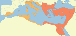 Het Oost-Romeinse Rijk tussen 527 en 565. De oranje gebieden zijn tijdens de heerschappij van Justinianus I heroverd, voornamelijk door zijn generaal Belisarius.