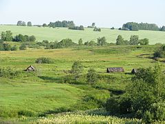 Photographie de champs sur un espace vallonné avec des arbres et quelques maisons en bois.