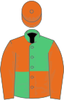 Emerald green and orange (quartered), orange sleeves and cap