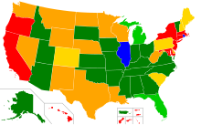 Mapa států USA zobrazující aktuální stav recipročního uznávání povolení k nošení zbraně, včetně barevné legendy