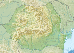 Mapa konturowa Rumunii, po lewej nieco na dole znajduje się punkt z opisem „Peștera cu Oase”