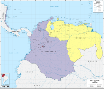 División política de la Gran Colombia en 1819, excluyendo a Panamá y Ecuador que continuaban bajo el dominio español.