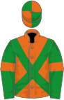 Orange, green cross-belts, green sleeves, orange armlets, quartered cap