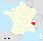 Carte administrative représentant le département de la Savoie sur une carte de France métropolitaine.