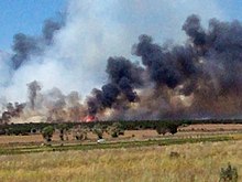 Flat expanse of brown grasses and some green trees with black and some gray smoke and visible flames in the distance.