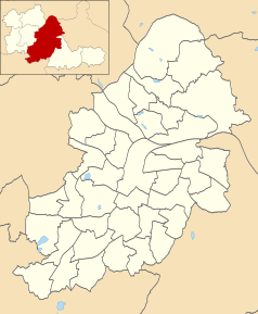 Mapa konturowa Birmingham, na dole nieco na lewo znajduje się punkt z opisem „Bournville”