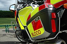 Close-up of 'BLOOD' identification and battenburg markings Bloodbikeeast,bloodbikewest.JPG