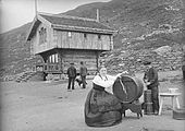 Budeie på Haukeliseter demonstrerer kinning av smør for omreisende fotograf på slutten av 1800-tallet. Foto: Axel Lindahl