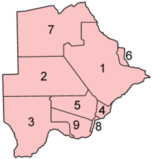 Mapa actual dos distritos de Botswana.
