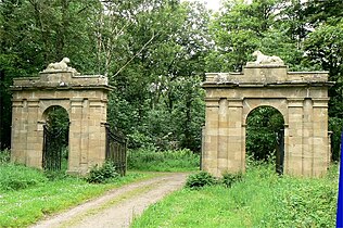 Culzean Castle. Cat Gates – The original inner entrance with Coade stone cats surmounting the pillars. (See "Cat gates - Culzean Castle")