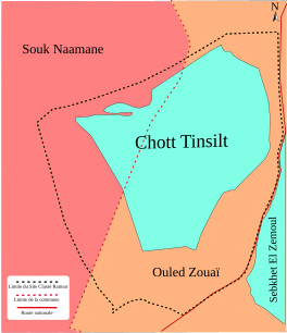 Diagram including various locations and boundaries related to Chott Tinsilt lake.