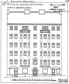 Tegelfasad och sex våningar, 1913 (utförd).