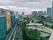 The mall complex as seen from above, with the main mall building to the left and the Sky Garden to the left