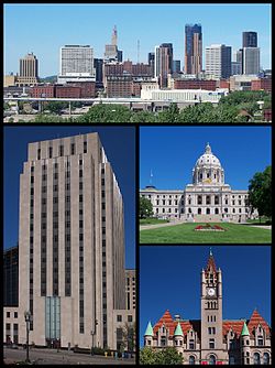 در خلاف جهت ساعت از بالا: Downtown Saint Paul as seen from the east, Saint Paul City Hall, Landmark Center, و کاپیتول ایالت مینه‌سوتا