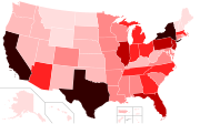 Map of states and territories in the U.S. with number of confirmed deaths (as of March 31, 2020[update])   None confirmed   1–4 confirmed   5–9 confirmed   10–49 confirmed   50–99 confirmed   100–500 confirmed   >500 confirmed