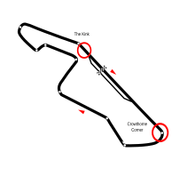 Zeichnung der Streckenführung des Kyalami Grand Prix Circuit 1977, die Unfallstellen auf der Start-Ziel-Geraden und in der ersten Kurve sind rot umkreist