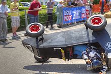 A gravity racer cart rolling in Volkersbach Seifenkistenrennen-Volkersbach-Unfall.jpg