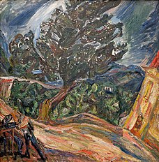 Tableau d'un paysage, un arbre au centre, une maison à étage à droite.