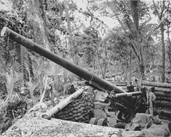 155 mm Long Tom gun "Scorpion" of the 4th Marine Defense Battalion in Barakoma, Solomon Islands. 155-mm-gun-4th-defense-battalion-barakoma.jpg