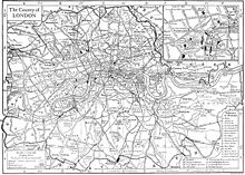 The story spans the London districts of Brixton, Smithfield, Leicester Square, St John's Wood and Bethnal Green, shown here in a map from 1911. Britannica London 1.jpg