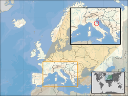 Location of  San Marino  (circled in inset) on the European continent  (white)