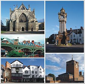 Clockwise from top: Exeter Cathedral; Exeter Clock Tower; Devon County Hall; Cathedral Close; and The Iron Bridge