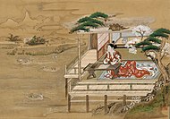 《겐지모노가타리》를 짓고 있는 무라사키 시키부, 야시마 가쿠테 (1786–1868)가 그림.