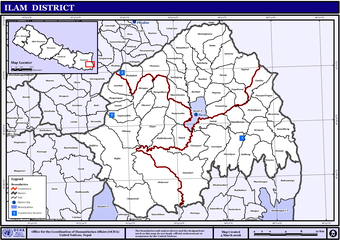 Map of Ilam District. Ilam is shaded in light blue second from top.