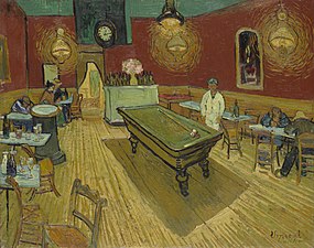Gaueko kafea, (1888), Vincent van Gogh, berdea eta gorria erabiltzen du "gizakiaren pasio beldurgarriak" irudikatzeko.