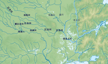 大崎平野周辺の地形図。画面左上隅から中央へ向かうのが江合川本流。