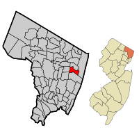 Location of Cresskill in Bergen County highlighted in red (left). Inset map: Location of Bergen County in New Jersey highlighted in orange (right).
