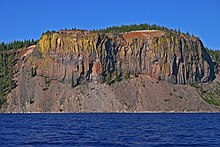 A view of a Crater Lake lichen wall from a boat in the lake