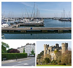 Clockwise from top: Malahide marina; Malahide Castle; period terraced houses in central Malahide