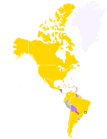 Map of the Americas pointing countries colored in gold, silver and bronze according to their top achievements during the 2007 Games. Countries that have not won medals are colored in purple. The yellow square indicates the location of the host city.