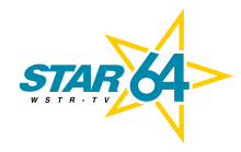 At left, the italicized blue lettering "STAR" next to the blue numeral 64 encased in five yellow points that outline a tilted star. The call sign W S T R - TV is displayed in black beneath the word STAR.