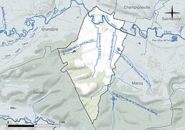 Carte en couleur présentant le réseau hydrographique de la commune