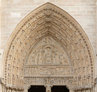 Tympanum of the Portail Sainte Anne, ND de PAris, France.