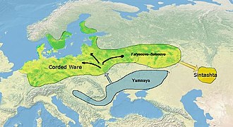 According to Allentoft (2015), the Sintashta culture probably derived from the Corded Ware Culture. The Sintashta Culture is commonly thought to be the first manifestation of the Indo-Iranians.