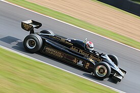 The Lotus 91 being exhibited in March 2007. This car was presented to Tamiya Corporation, a sponsor in the 1991 season, by Lotus[1]