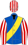 Royal Blue, Yellow sash, Red and White striped sleeves and striped cap