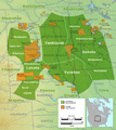 Image 7Map showing the general locations of the tribes and subtribes of the Sioux by the late 18th century; current reservations are shown in orange. (from History of South Dakota)