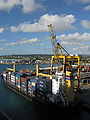 Image 26A container ship docked in the deep water harbour of Bridgetown, Barbados, which opened in 1961. (from History of the Caribbean)