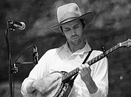 Playing five-string banjo Ossipee Valley Music Festival in Hiram, Maine July 25, 2014.