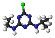 This is a 3D model of the herbicide atrazine. Atrazine-3D-balls.png