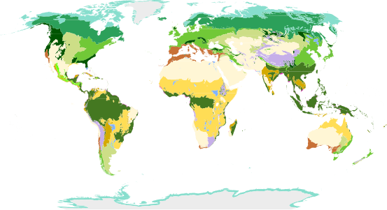 Classification du WWF identifie, différenciant 14 biomes terrestres (deux pour la France).